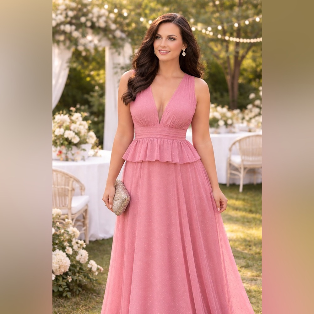 LDT Pink Plunging V Neck Peplum Maxi Gown Wedding Guest Formal Dress $212 Sz 12